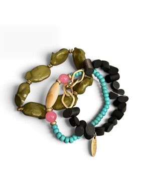 SKYLA -Three Piece Beaded Elastic Stack Bracelet Set - Olive, Pink & Turquoise